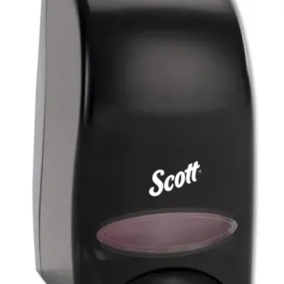 Sale Photo Thumbnail #100: Black plastic commercial Scott brand manual hand soap dispenser with a clear fill-level window.