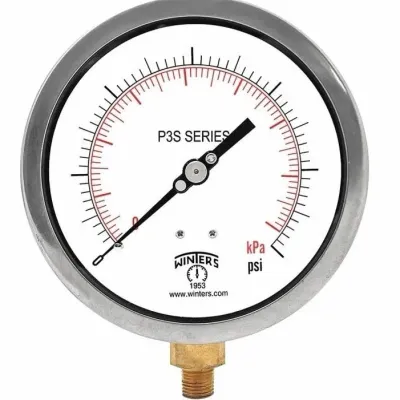 Sale Photo Thumbnail #97: Winters Instruments P3S Series pressure gauge featuring a stainless steel case and brass connection, clean condition.