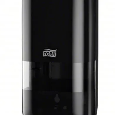 Sale Photo Thumbnail #80: Black Tork brand wall-mounted soap dispenser with a clear fill-level window.