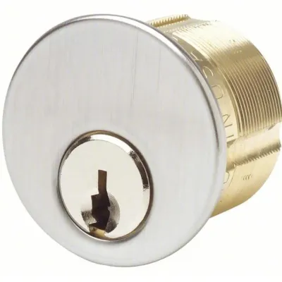 Sale Photo Thumbnail #103: Brushed chrome and brass mortise lock cylinder in unused condition.