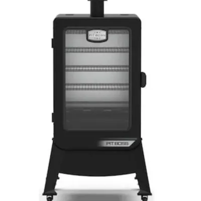 Sale Photo Thumbnail #114: Pit Boss vertical smoker featuring a glass door window, multi-rack interior, and a caster-wheeled base.