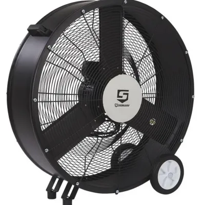 Sale Photo Thumbnail #177: Large Strongway industrial floor drum fan in black finish, featuring a wheeled base for mobility.