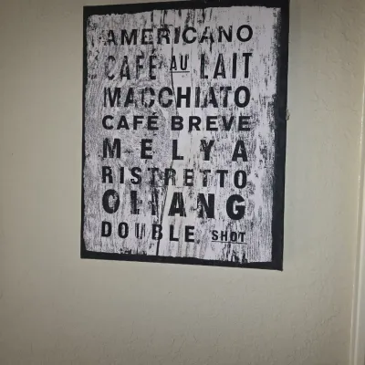 Sale Photo Thumbnail #97: Black and white canvas wall art featuring coffee terminology in bold typography with a distressed wood-grain background.