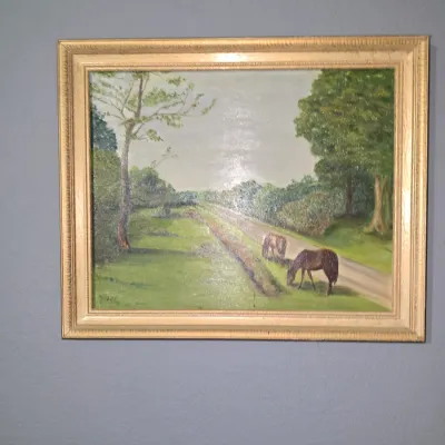 Sale Photo Thumbnail #4: Framed original oil painting depicting horses grazing along a country road, housed in a molded gilt wood frame.