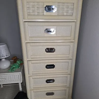 Sale Photo Thumbnail #18: Vintage off-white wicker and faux-rattan tallboy dresser with six drawers featuring recessed silver-tone handles.
