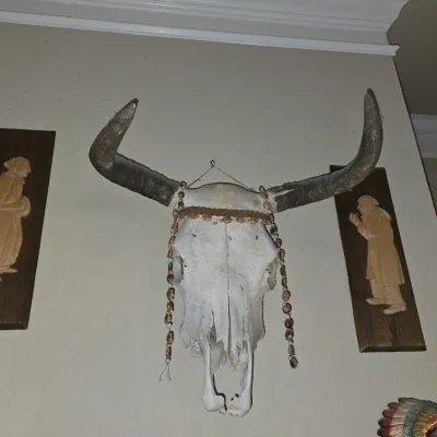Sale Photo Thumbnail #42: Wall-mounted animal skull adorned with beaded jewelry, flanked by two carved wooden figure plaques in Southwestern style.