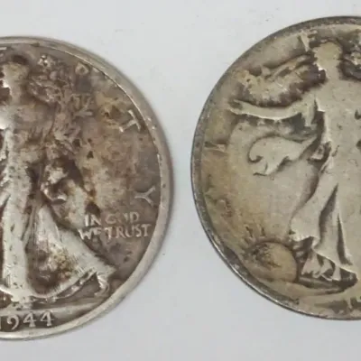 Sale Photo Thumbnail #97: 1097	2 WALKING LIBERTY HALF DOLLARS																																																																																																																																																																																																																												