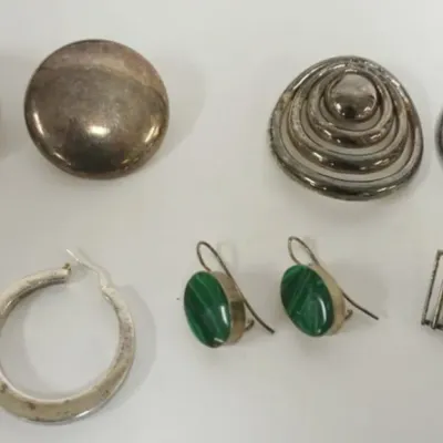 Sale Photo Thumbnail #46: 1046	4 PAIRS OF STERLING SILVER EARRINGS AND PR OF UNMARKED LARGE BUTTON EARRINGS (NOT INCLUDED IN WEIGHT), 1.76 OZT INCLUDING STONES																																																																																																																										