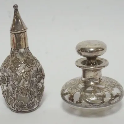 Sale Photo Thumbnail #5: 1005	PAIR OF SILVER OVERLAY BOTTLES, TALLEST APPROXIMATELY 5 IN HIGH																																																																																																																																																																																											