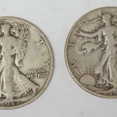 Sale Photo Thumbnail #99: 1099	2 WALKING LIBERTY HALF DOLLARS																																																																																																																																																																																																																												