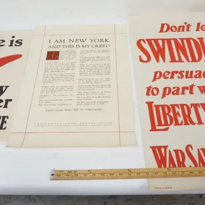 Sale Photo Thumbnail #128: 1128	GROUP OF 3 ORIGINAL WWI POSTERS, LARGEST APPROXIMATELY 20 IN X 30 IN																																																																																																																																																																																						