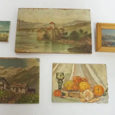 Sale Photo Thumbnail #124: 1124	GROUP OF MINIATURE PAINTINGS ON BOARD, LARGEST APPROXIMATELY 7 IN X 5 IN 																																																																																																																																																																																	