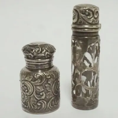Sale Photo Thumbnail #6: 1006	ORNATE SILVER OVERLAY BOTTLE & PERFUME, TALLEST APPROXIMATELY 3 IN HIGH																																																																																																																																																																																			
