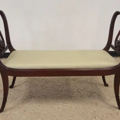 Sale Photo Thumbnail #191: 1190	PETITE MAHOGANY WINDOW BENCH W/CURVED LYRE SIDES & CARVED PAW FEET, APPROXIMATELY 49 IN X 19 IN X 34 IN HIGH																																																																																																																																														