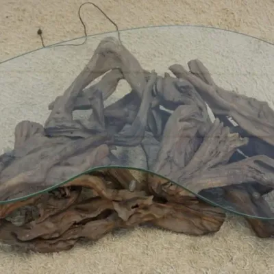 Sale Photo Thumbnail #220: 1219	UNUSUAL ADIRONDACK BOOMERANG GLASS TOP COCKTAIL COFFEE TABLE WITH LIGHTING, NEEDS TO BE REWIRED, APPROXIMATELY 54 IN X 36 IN X 17 IN H																																																																																																																				