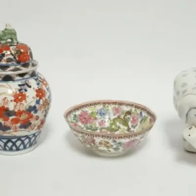Sale Photo Thumbnail #39: 1039	GROUP OF ASIAN POTTERY & STAND INCLUDING GINGER JAR, ELEPHANT CANDLESTICK, EGG SHELL BOWL, SMALL FRETWORK CARVED STAND																																																																																																																																				