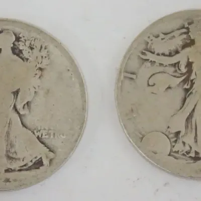Sale Photo Thumbnail #91: 1091	2 WALKING LIBERTY HALF DOLLARS																																																																																																																																																																																																																												