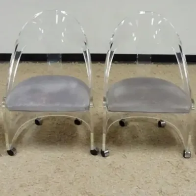 Sale Photo Thumbnail #208: 1207	SET OF 4 HILL MID CENTURY MODERN CURVED LUCITE CHAIRS W/UPHOLSTERED SEATS, SOME STAINS, EACH APPROXIMATELY 23 IN X 20 IN X 34 IN																																																																																																																										