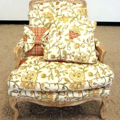 Sale Photo Thumbnail #200: 1199	HARDEN FRENCH COUNTRY UPHOLSTERED ARMCHAIR, APPROXIMATELY 32 IN X 29 IN X 38 IN																																																																																																																																																																											