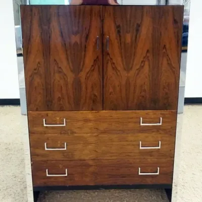 Sale Photo Thumbnail #209: 1208	IN THE STYLE OF MILO BAUGHMAN ROSEWOOD VENEER & CHROME CABINET, FREQUENTLY PRODUCED BY JOHN STUART, APPROXIMATELY 40 IN X 20 IN X 56 IN HIGH																																																																																																														