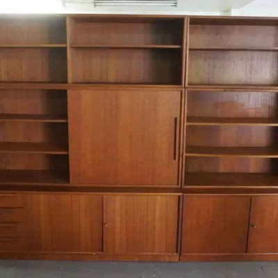 Sale Photo Thumbnail #210: 1209	MID CENTURY MODERN DANISH MODULAR WALL UNIT MARKED KMK ON BACK, 6 SECTIONS, APPROXIMATELY 105 IN X 18 IN X 72 IN OVERALL																																																																																																																																		