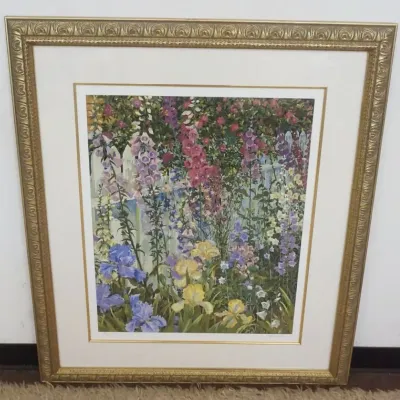 Sale Photo Thumbnail #174: 1174	LARGE FRAMED & MATTED SERIGRAPH TITLED *FOXGLOVES & IRISES*, ARTIST SIGNED & NUMBERED, POWELL, 28/395, APPROXIMATELY 40 IN X 46 IN OVERALL																																																																																																																