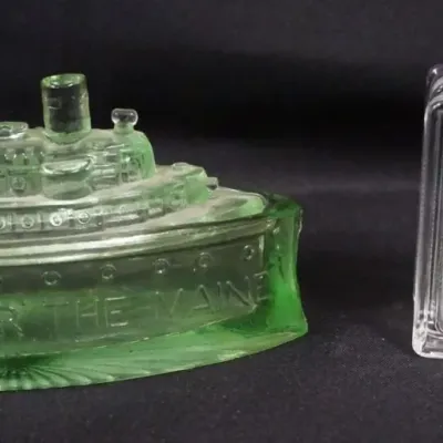 Sale Photo Thumbnail #42: 1042	REMEMBER THE MAINE COVERED SHIP DISH & PITTSBURGH CORNING GLASS BLOCK BANK																																																																																																																																																																																