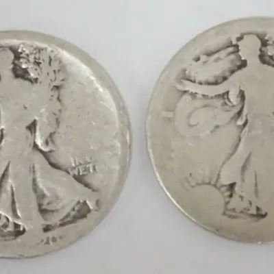 Sale Photo Thumbnail #93: 1093	2 WALKING LIBERTY HALF DOLLARS																																																																																																																																																																																																																												