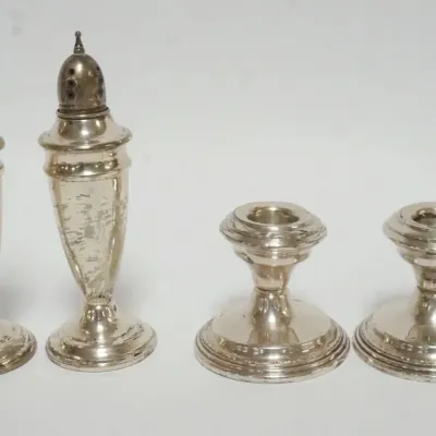 Sale Photo Thumbnail #8: 1008	STERLING WEIGHTED CANDLESTICKS & SALT & PEPPER, TALLEST APPROXIMATELY 6 IN HIGH																																																																																																																																																																											