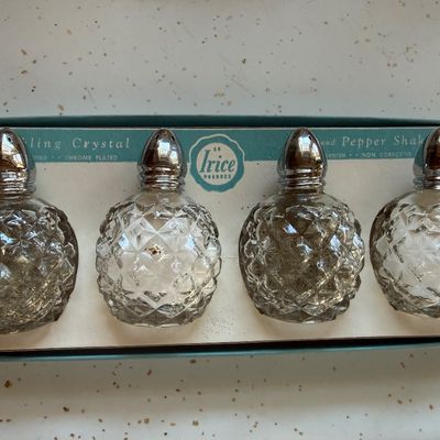 Sale Photo Thumbnail #19: Set of four vintage Irice cut crystal salt and pepper shakers with chrome-plated tops in original box.