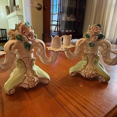 Sale Photo Thumbnail #25: Pair of vintage Capodimonte-style porcelain three-light candelabras featuring applied pink roses, light green bases, and gold accents.