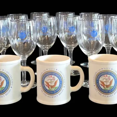 Vintage U.S. Military Drinkware Lot – Kelly AFB Wine Glasses & U.S. Navy Mugs