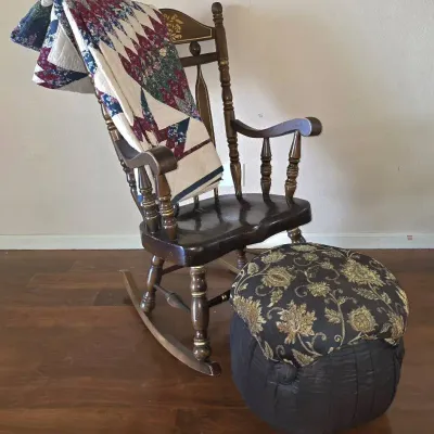 Vintage Virginia House Stenciled Rocking Chair, Footstool, & Medallion Quilt Bundle