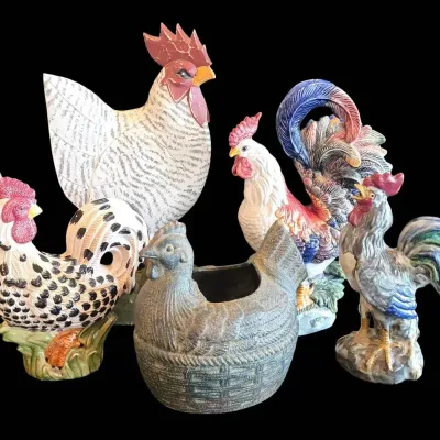 Vibrant Rustic & Vintage Rooster Figurines & Planter