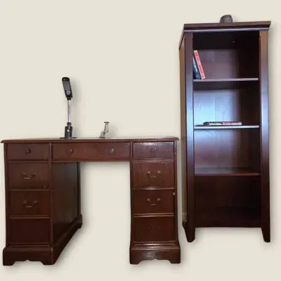 Vintage Dark Stain Desk and Bookshelf Set with Office Accessories