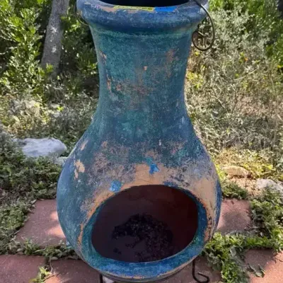 Mexican Terracotta Chiminea with Distressed Aqua Finish