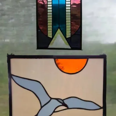 Stained Glass: Coastal Seagull & Art Deco Geometric... Vintage Gems!