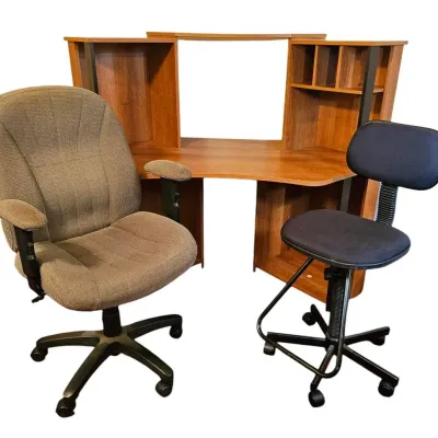 Home Office Set – Vegas Corner Computer Desk with Hutch, Executive Chair & Studio RTA Drafting Chair