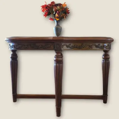 Vintage French Provincial Wood Console Table with Champlevé Enamel Brass Vase