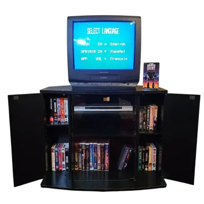 Ultimate Throwback Entertainment Lot: Corner Stand, 20" Panasonic CRT , DVD Player, & VHS Collection