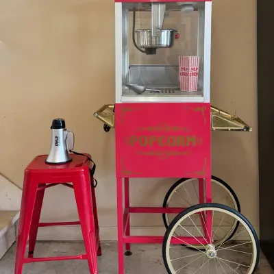 Retro Concession & Game Room Set – Popcorn Cart, Red Stool & Announcer Megaphone