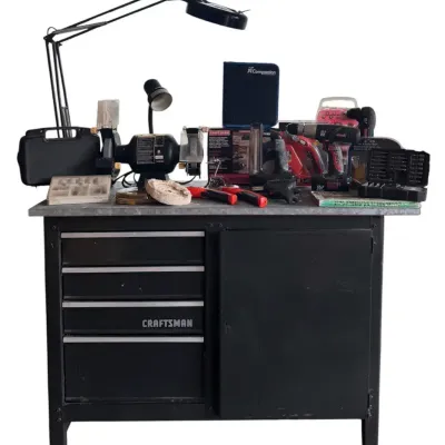 Tinker's Treasure Chest: Ultimate Workbench, Rotary Tool Kit, Grinder, Lamp & Pro Accessory Bundle
