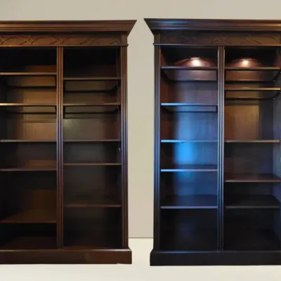 Pair of Grand Traditional Lighted Wooden Bookcases with Fluted Columns