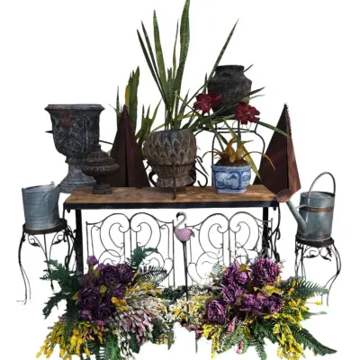 Curated Rustic Garden Decor, Vintage Planters, Wrought Iron Console & Plant Stands