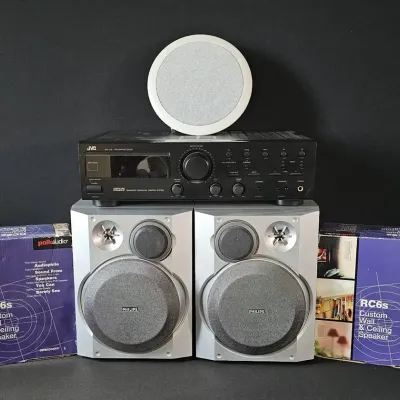 JVC Stereo Receiver + Philips Bookshelf Speakers + Polk Audio & EvoQ In-Ceiling Speakers