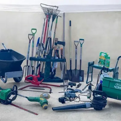 Huge Lawn & Garden Maintenance Tool Lot – Rubbermaid Cart, Tools, Trimmers & Storage