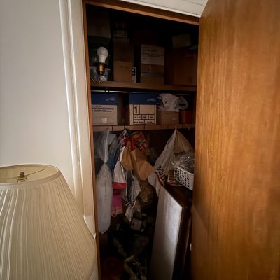 Open storage closet filled with packed cardboard boxes, paper and plastic bags, and household supplies.