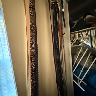 Collection of assorted leather belts, including faux snakeskin and braided designs, hanging on an over-the-door rack.