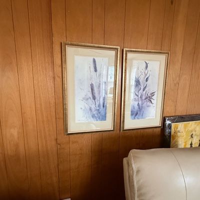 Pair of framed watercolor prints depicting cattails and botanical flora, set in matching metallic gold-toned frames with double matting.