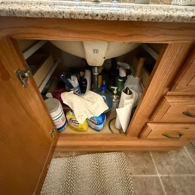 Open wooden bathroom vanity cabinet filled with various household cleaning supplies and toilet paper.